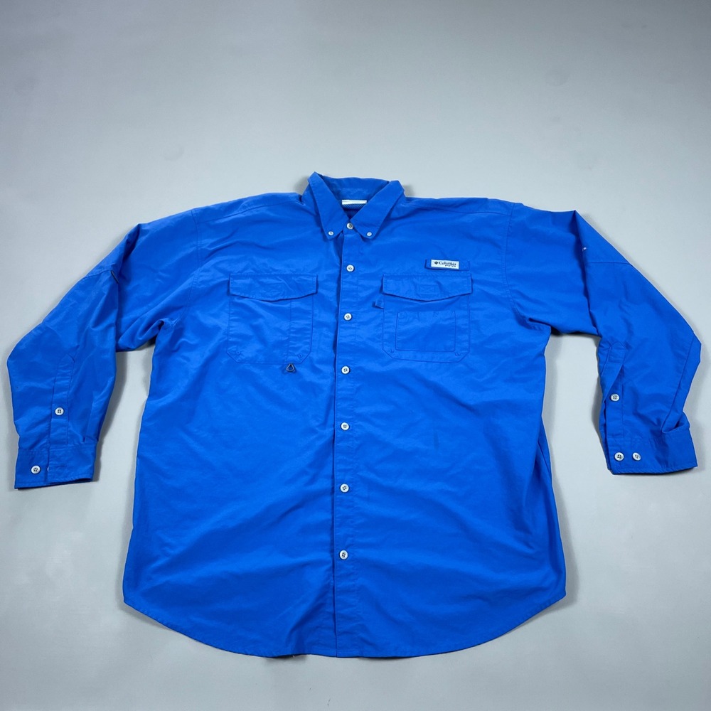Columbia PFG Bahama II Long Sleeve Fishing Shirt Blue Mens XL Omni-Shade UPF 30